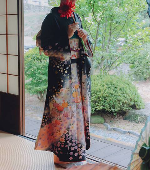 黒地に桜を散らした振袖